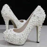 Mode Luxuriöse Perlen Kristalle White Wedding Schuhe Größe 12 cm hohe Absätze Brautschuhe Partei-Abschlussball-Frauen-Schuhe Freies Verschiffen
