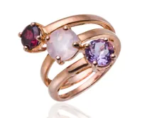Оптово-розовое золото над серебряным кольцом Классический 3-каменный розовый кварц, аметист, гранат драгоценные камни изысканные украшения