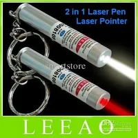 200 pz / lotto # Nuovo 2 in 1 bianco LED LED e puntatore laser rosso Penna portachiavi Portachiavi Torcia elettrica