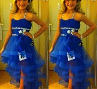 Halter Girls Pageant Gowns Sequins Beads Tiered Royal Blue Flower Girl Dress For Teens Tulle Sash Kids Formal Wear Girls Wedding Party Dress