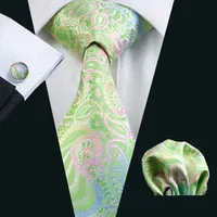 Green Paisely Neck Tie Set Pocket Square Cufflinks Jacquard Woven Formal Mens Silk Tie Work Meeting Leisure N-0645
