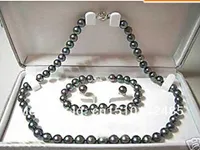 Neue feine echte Perlenschmucksache Set natürliche 8mm schwarze Perlenkette Armband-Ohrring-Set