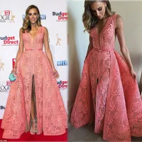2015 Watermelon Evening Dresses A-line Deep V Neckline Front Split Floor Length Middle East Celebrity Party Dresses