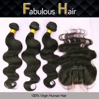 Fabulous Brasilian Virgin Wavy Hair 1pc 3 Part Lace Closure 4x4 "med 3 buntar Obehandlat mänskligt hår väv 4st / mycket brasiliansk kroppsvåg