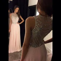 Pink Dresses Long Prom Dressess A Line Jewel Sweep Train Sequins Beaded Sheer Neck Evening Gowns Party Dresses Evening