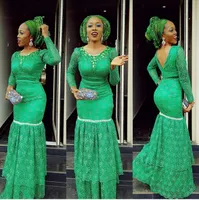 Mangas compridas Vestidos de noite de renda verde Plus size 2016 Aso Ebi estilo vestidos de noite abertos de volta sexy África moda vestidos de baile