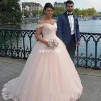 Blush Pink Tulle Wedding Dresses 2020 Spring Plus Size Off Shoulder Lace Lentejuelas Sweep Train Custom Made Cheap Wedding Nupcial Vestidos de novia