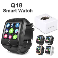 Q18 Reloj Smart Watch Bluetooth Relojes inteligentes para teléfonos celulares Android Soporte para tarjeta SIM Cámara Responde llamada y configura varios idiomas con caja