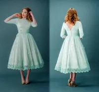2017 Vintage Lace Prom Dresses Half Sleeves Mint Green Tea Length Spring Plus Size Backless Evening Party Dresses Graduation Dresses