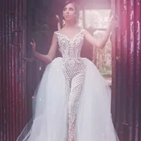 2018 kombinezon suknie wieczorowe z dużym odłączanym tiulowym overskirt V dekolt bez rękawów długość podłogi Sheer Cekiny Sexy Party Prom Suknie
