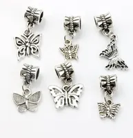 Butterfly Dangle Big Hole Beads 100pcs/lot 6styles Tibetan Silver Fit European Charm Bracelet DIY Metals Loose Bead