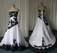 黒と白のゴシックの結婚式のドレスレアルイメージストラップレスレースのアップリケスイープ列車コルセットバックカスタムメイドのプラスサイズのブライダルガウン