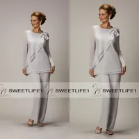 2020 Long Sleeves Silver Mothers Pants Suit Mother of The Bride Groom Ladies Women Cheap Custom Made Beaded Chiffon Party Evening Wear
