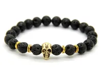 2015 New Products Wholesale 10pcs/lot Beaded 8MM Lava stone beads 24K Gold Skull Elastic Bracelets for Men and Women&#039;s Gift