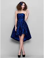 2015 ny bästa försäljning mode formella kvällsklänningar strapless ärmlös zipper asymmetriska kungliga blå spets klänningar