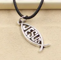 New Fashion Tibetan Silver Pendant fish jesus Necklace Choker Charm Black Leather Cord Prezzo di fabbrica Gioielli fatti a mano