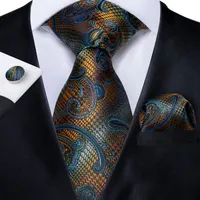 Fast Shipping Silk Tie Set Gold Blue Striped Men&#039;s Wholesale Classic Jacquard Woven Necktie Pocket Square Cufflinks Wedding Business N-7183
