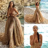 Lüks Altın Mermaid Gelinlik Modelleri Ile Ayrılabilir overskirt Yousef Aljasmi 2019 Dantel Boncuklu Akşam Elbise Parti Giyim Örgün Önlükler