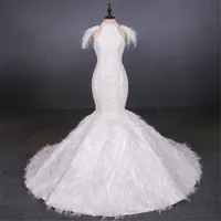 Nyaste Luxury Ostrich Feather Mermaid Bröllopsklänningar Hög Shoulder Heavy Beadings Bodice Bridal Dress Wedding Gowns Gratis frakt