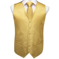Fast Shipping Men&#039;s Classic Gold Yellow Paisley Silk Jacquard Waistcoat Vest Tie Pocket Square Cufflinks Set Fashion Party Wedding MJ-0009