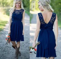 Royal Blue Short Bridesmaid Dresses 2019 Chiffon Lace Country Style Jewel Backless Knee Length Weddings Gästklänning
