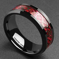 Schwarz Hartmetall-Ring Drachen Ehering mit schwarzer Carbon-Faser und Red Dragon Inlay 406