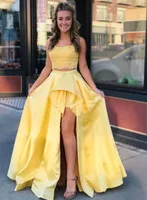 Elegant Yellow longo Lace Vestidos de baile com bolsos Dress Feito A-Custom Line Evening vestidos de festa duas peças para Mulheres