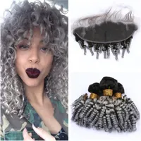 Bouncy Curly Ombre Silver Gray Indian Virgin Human Hair Weaves With Frontal # 1b / Grey Ombre Funmi Hårbuntar med 13x4 Lace Front Closure