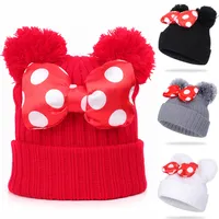 4 colors Baby Pom Pom beanie cap Toddler Kids Baby Girls Winter Warm Crochet knitted hat Bow Fur bow hat Wholesale JY820