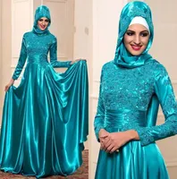 Hunter Green Moslim Satijn Formele Avondjurken 2020 Lange Mouwen Kant Applique Beaded Abaya Dubai Turkse Prom Partyjurken Marokkaanse Kaftan