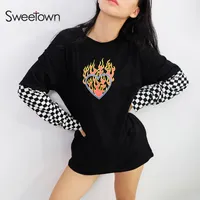Sweetown 대형 코튼 긴 소매 티셔츠 바둑판 패치 워크 그래픽 티셔츠 여성 2018 플러스 사이즈 하라주쿠 Tshirt V191019