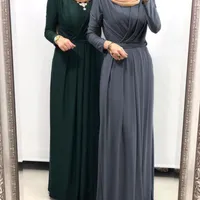 Artı Boyutu Zarif Kalem Abaya Elbise Kadın Müslüman İslam Giyim Kıyafetleri Tam Kollu Vintage Vestidos Kemer Hijab