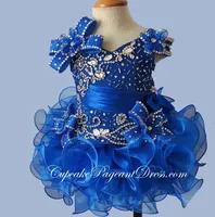Cristais Royal Blue Organza Meninas Pageant Dresses frisados ​​Ruffles de vestidos de festas de aniversários Pageant Flor Curto Linha Girl Dress queque