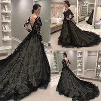 Vintage czarne gotyckie suknie ślubne z długim rękawem 2020 Retro V-Neck Backless Cathedral Train Plus Size Lace Floral Bride Dress Sukienka
