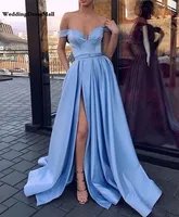 Light Sky Blue с плеча атласных вечерних платьев с поясом Длинные боковые платья выпускного вечера 2021 элегантные дамы формальные платья