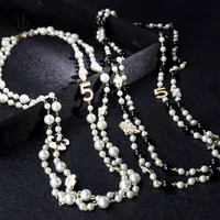 Fashion luxury designer classic flower elegant bright pearl multi layer long winter sweater statement necklace for woman