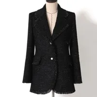 vintage small fragrance tweed black blazer women notched slim single breasted suit jacket