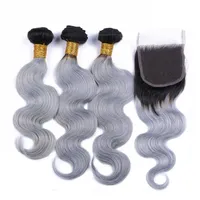 Brasilianska Silver Grå Ombre Human Hair Weaves With Top Closure Body Wave 2Tone 1B / Grey Ombre 4x4 Lace Closure med 3BUNDS 4PCS LOT