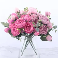 11 pouces Rose Rose Soie Bouquet Pivoine Fleurs Artificielles 5 Grandes Têtes 4 Petit Bourgeon Mariée Tenant Des Fleurs Décoration de La Maison Faux Fleurs