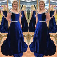 2019 Royal Blue A Line Evening Dress Velvet Sweep Train Prom Klä av axel Populära Party Gown Custom Size