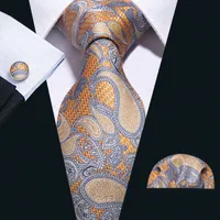 Stock in USA Tie set arancione paisley da uomo in seta all'ingrosso classico classico jacquard tessuto cravatta tascabile tasca quadrato gemelli matrimonio business N-5040