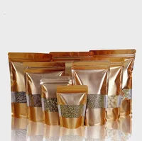 100pcs Złota Zadowolenie Opakowanie Opakowanie Ziplock Bag z przezroczyste okno ResesLable Pakowanie Mylar Golden Torebki