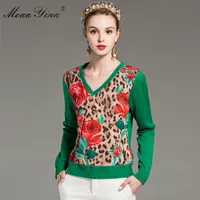 Мода Moayina Мода вязание Пуловеры свитера Весна Женщины с длинным рукавом Роза Цветочный леопард вскользь вязальный свитер плюс размер 2xl