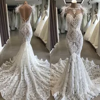 Robe de mariée sirène dentelle robes de mariée 2020 de luxe plume perlée Sweeetheart trompette chapelle robe de mariée