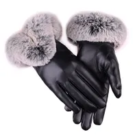 Mode varm pus läderhandskar kvinnor tjock vinter vantar pekskärm lyx faux päls gants kvinnlig läder päls luvas skidåkning