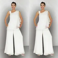 Elegante 2020 moeder van de bruid chiffon broek pakken voor zomer bruiloft asymmetrische halslijn wit ivoor strand moeder van de bruidegom jurken