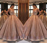 Rose Gold Arabic Champagne Ball Gown Quinceanera Dresses Spaghetti Straps Ruched Backless Sweet 16 Dresses Sequins Formal Dress Party Gowns