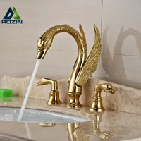 Soild Copper Gold Finish Bathroom Faucet Luxury Golden Swan Shape Basin Tap Dual Handle Deck Mount3907133