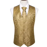 미국 남성의 클래식 적갈색 노란색 페이즐리 실크 자카드 양복 조끼 조끼 넥타이 포켓 스퀘어 커프스 세트 패션 파티 결혼식에서 주식 MJ-2017