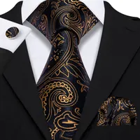 Fast Shipping Silk Tie Set Black Gold Paisley Men's Wholesale Classic Jacquard Woven Necktie Pocket Square Cufflinks Wedding Business N-5135